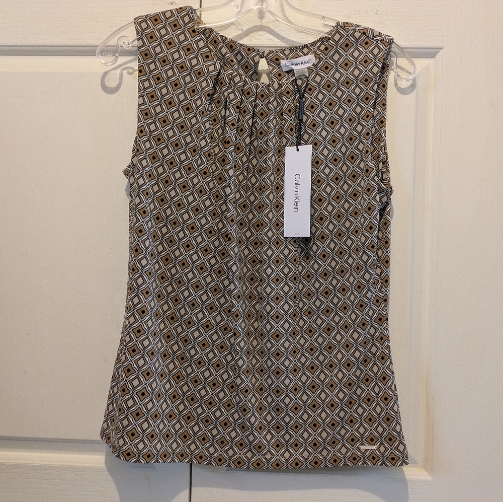 Calvin Klein Geometric Print Sleeveless Blouse Top Keyhole Back Size S New!